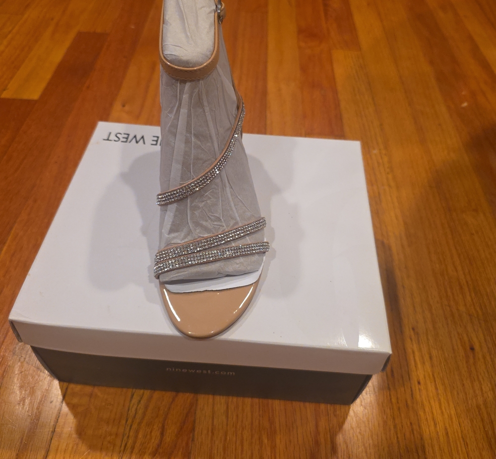 Nine West Nude Patent Strappy Heel with Rhinestone Accents